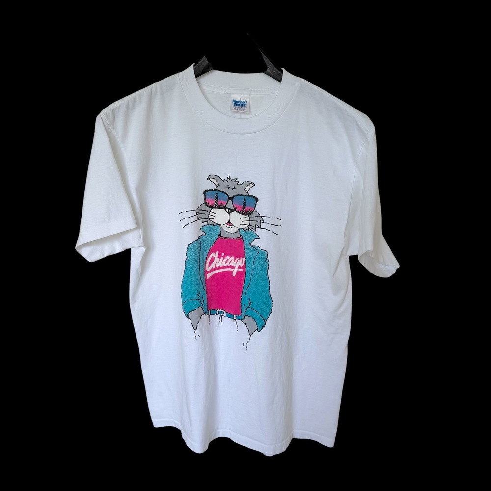 80's Chicago Miami Vice Cool Cat T-Shirt Large White Single Stitch Art